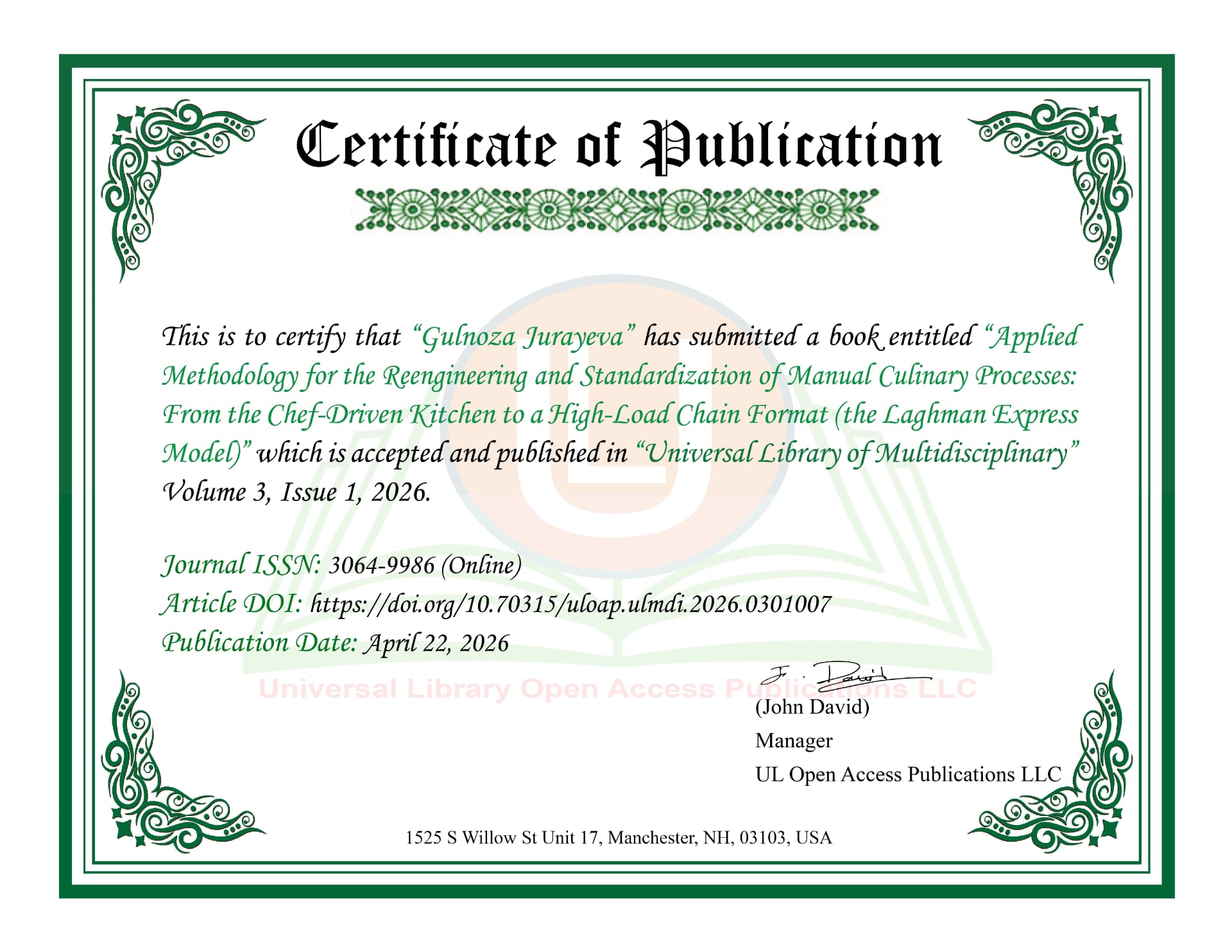 Certificate of Publication — Universal Library of Multidisciplinary