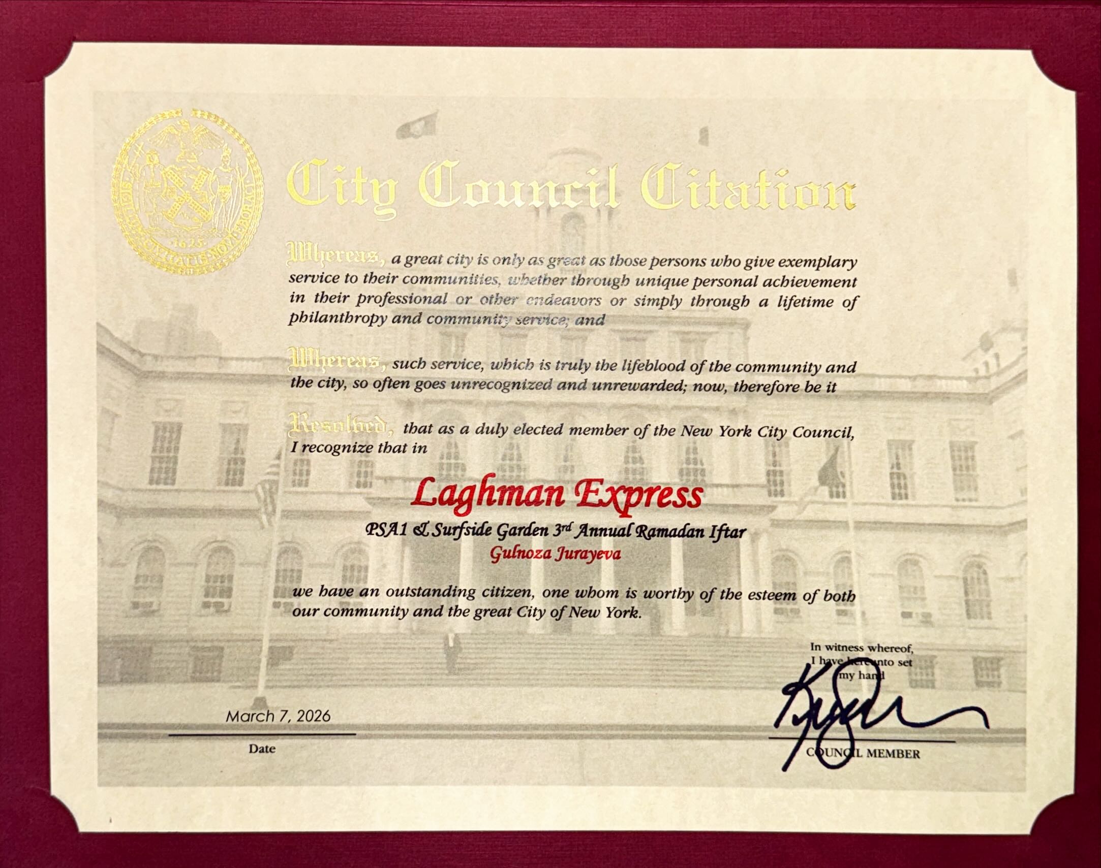 City Council Citation — Ramadan Iftar 2026